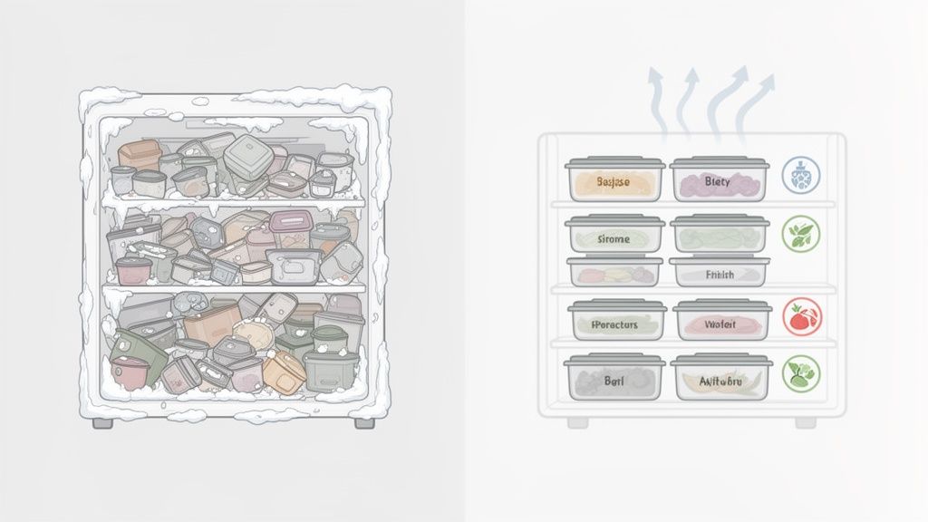 Side-by-side image of a chaotic, icy freezer versus an organized one with labeled food containers.