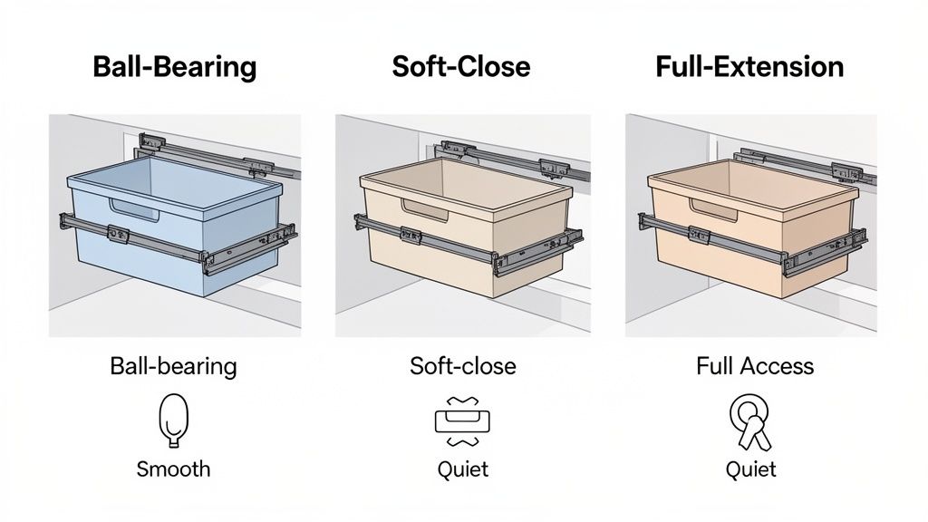 Three types of pull-out drawer slides: ball-bearing for smooth, soft-close for quiet, and full-extension for full access.