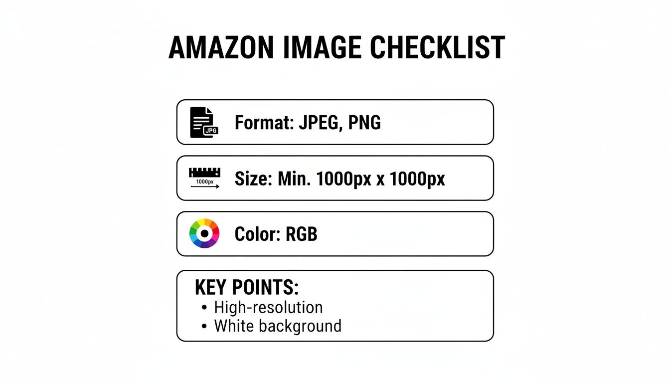 An Amazon image checklist details format, size, color, resolution, and background requirements for product listings.