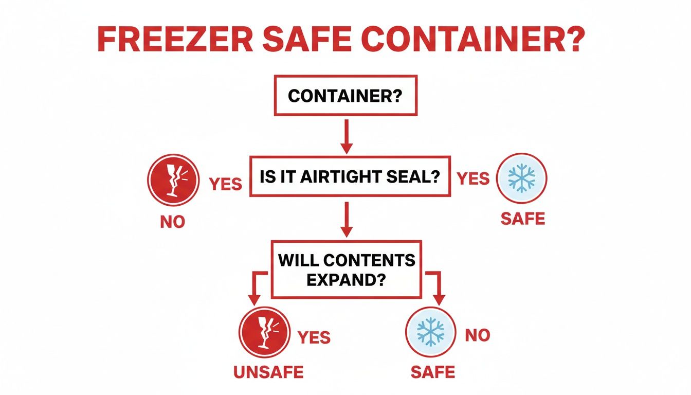 A flowchart explaining how to determine if a container is freezer safe based on its seal and content expansion.
