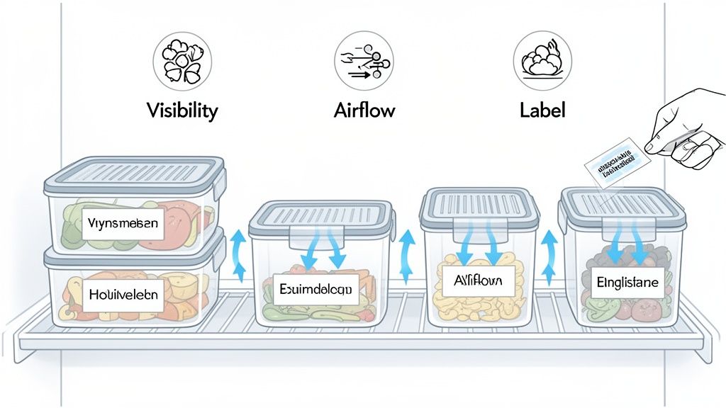 Illustration showing food storage containers on a shelf, emphasizing visibility, airflow, and labeling for fresh food.