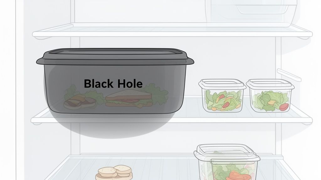 A black food container labeled 'Black Hole' holds a burger and a sandwich in a refrigerator, next to salads.
