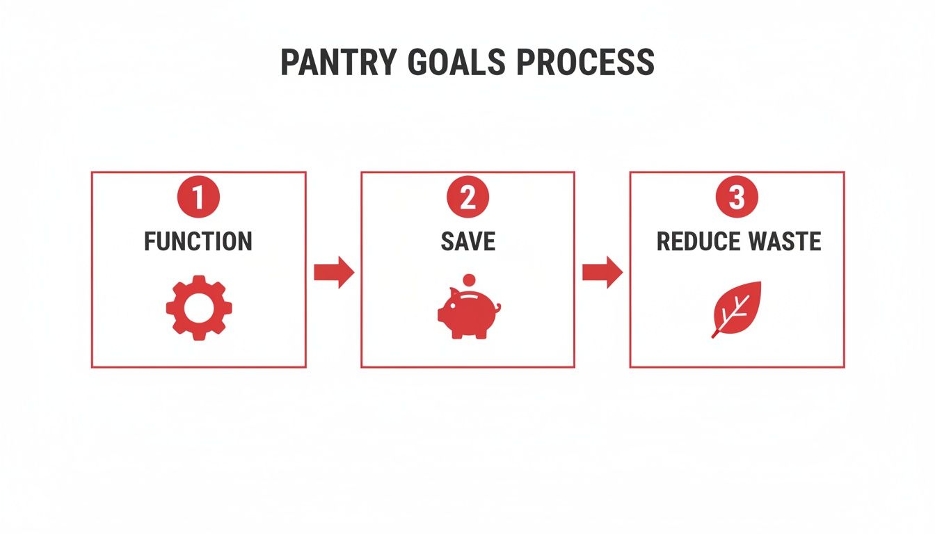 A diagram illustrating the 'Pantry Goals Process' with three steps: Function, Save, and Reduce Waste, each with an icon.
