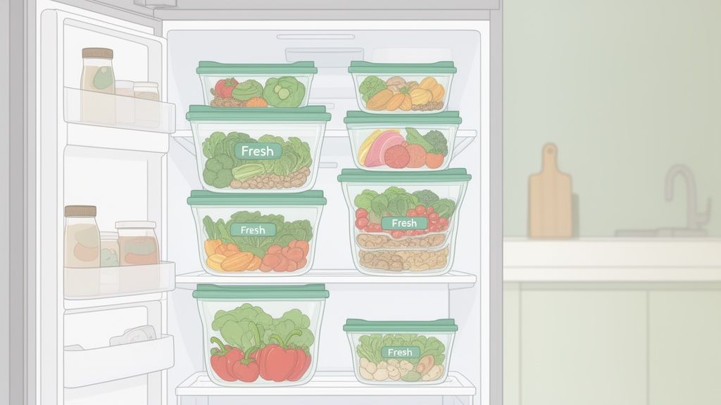 A clean refrigerator filled with clear food storage containers holding fresh vegetables, fruits, and grains.