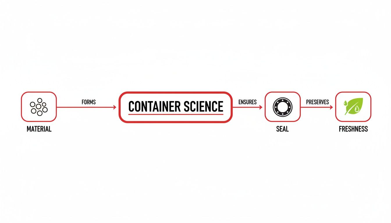 A flowchart demonstrating container science, showing material forming a container that ensures a seal, preserving freshness.