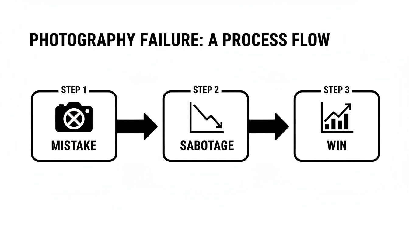 A flowchart titled 'Photography Failure: A Process Flow' showing steps: Mistake, Sabotage, and Win.