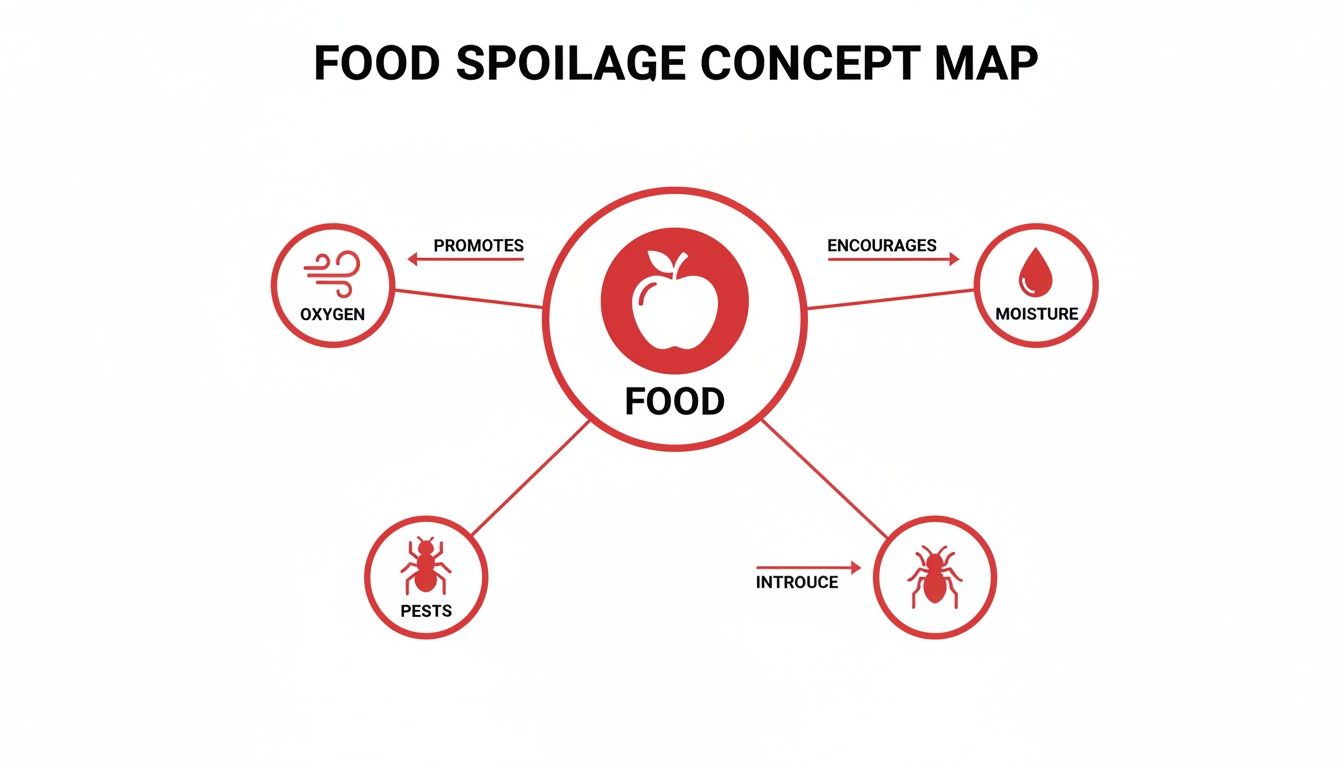 A concept map showing food spoilage factors including oxygen, moisture, and pests, connected to a central 'FOOD' node.