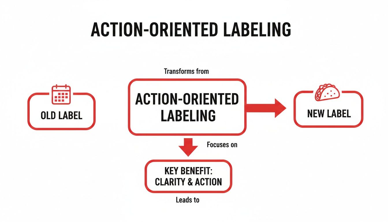 A diagram explains action-oriented labeling, showing a transformation from old to new labels, focusing on clarity and action.