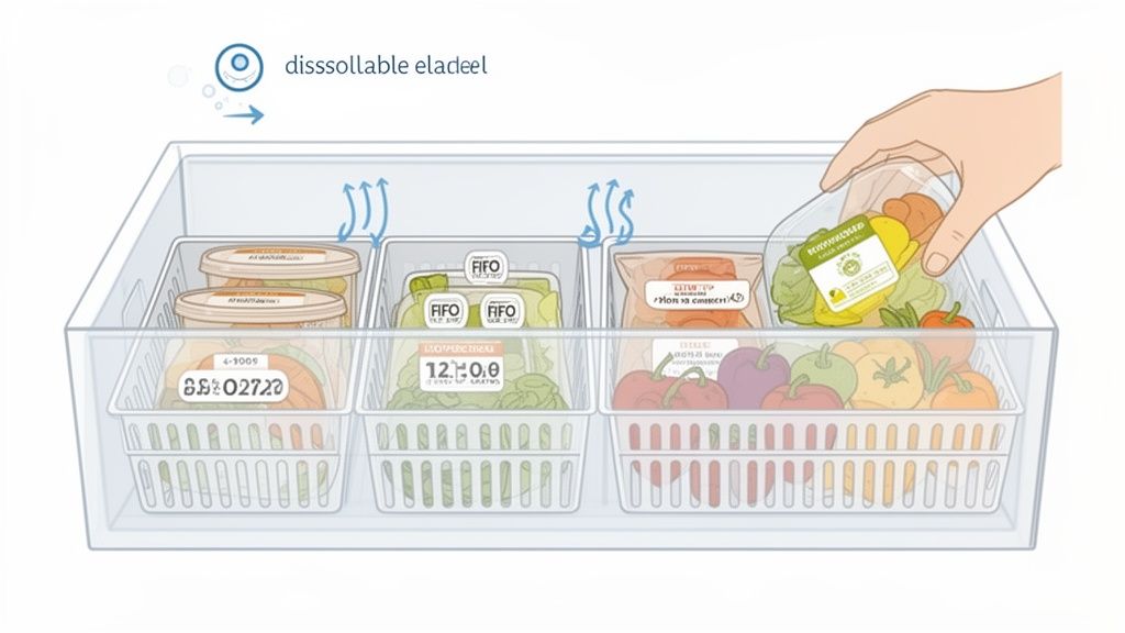 A transparent fridge drawer organized with baskets of fresh produce, showing airflow and a hand placing bell peppers.