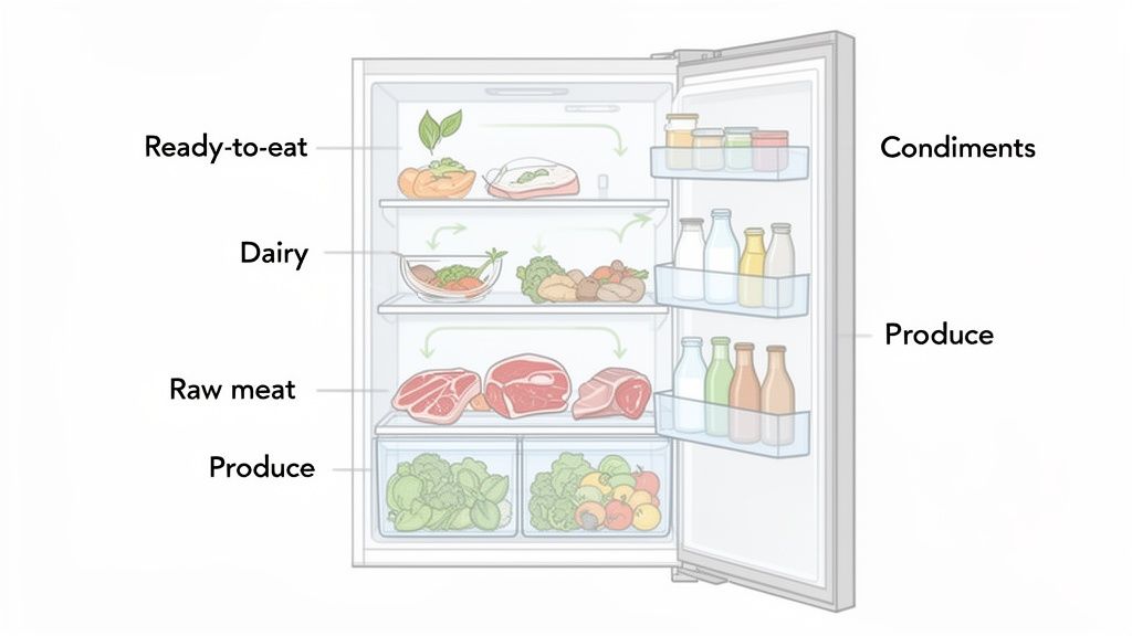 An organized refrigerator showing food items categorized for safe storage: ready-to-eat, dairy, raw meat, produce, and condiments.