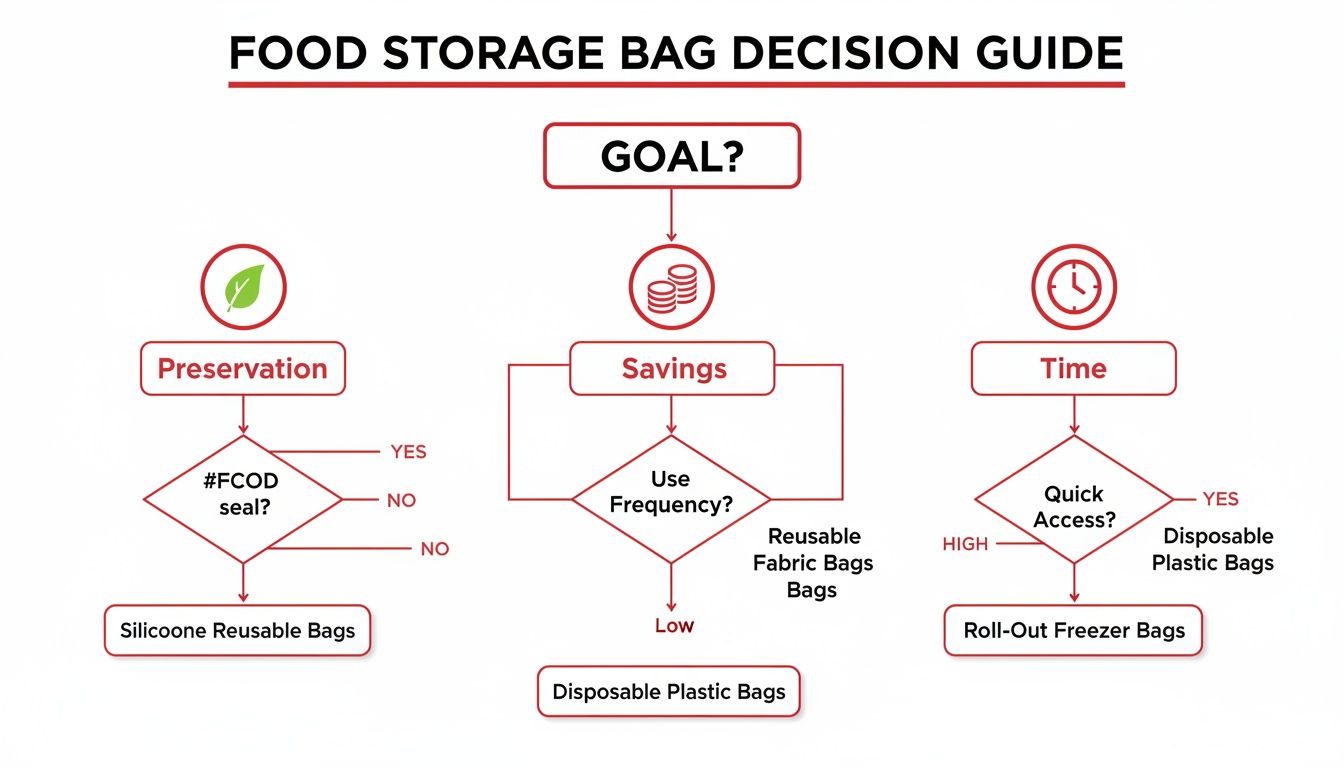A food storage bag decision guide flowchart, helping choose bags for preservation, savings, or quick access.