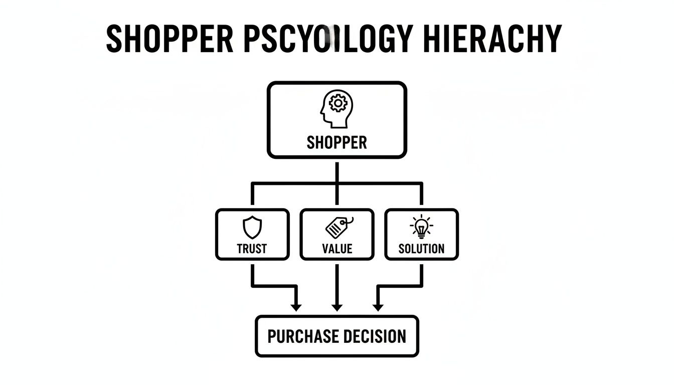 Flowchart illustrating shopper psychology, showing how trust, value, and solutions lead to a purchase decision.