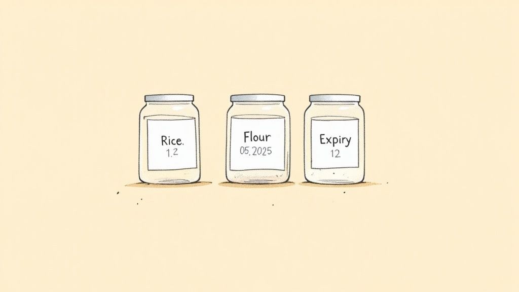 Three labeled glass jars for pantry storage, containing rice, flour, and an expiry date.