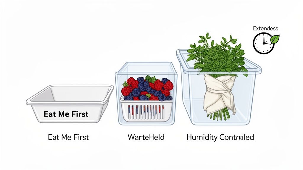 Three food storage solutions: an 'Eat Me First' bin, a berry colander, and a humidity-controlled herb keeper.