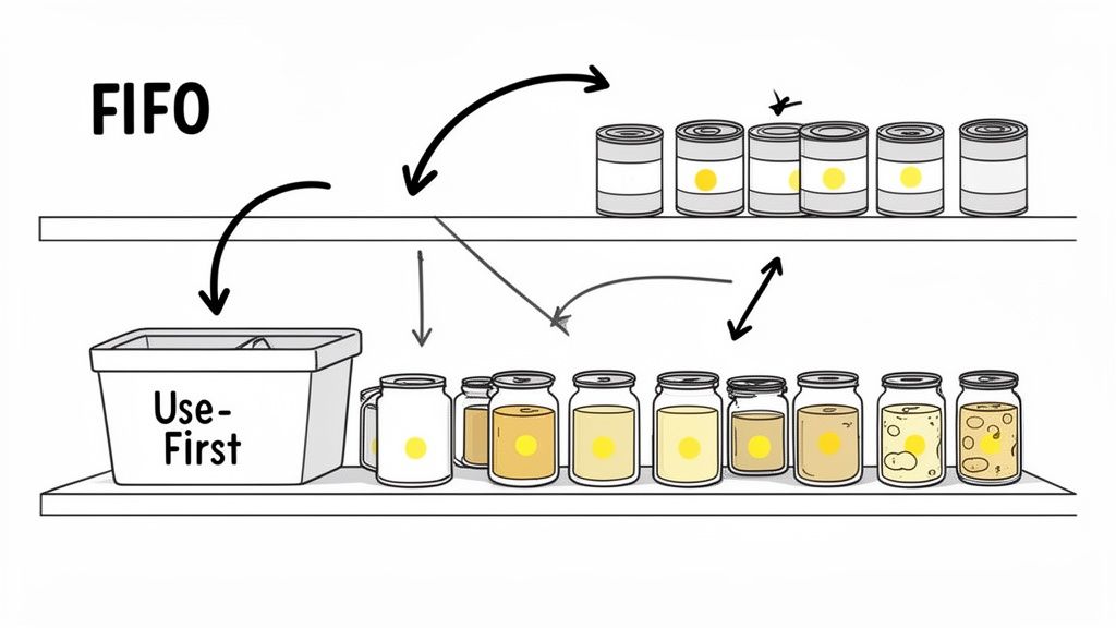 A diagram illustrating the FIFO (First-In, First-Out) inventory method with cans, jars, and a 'Use-First' bin on pantry shelves.