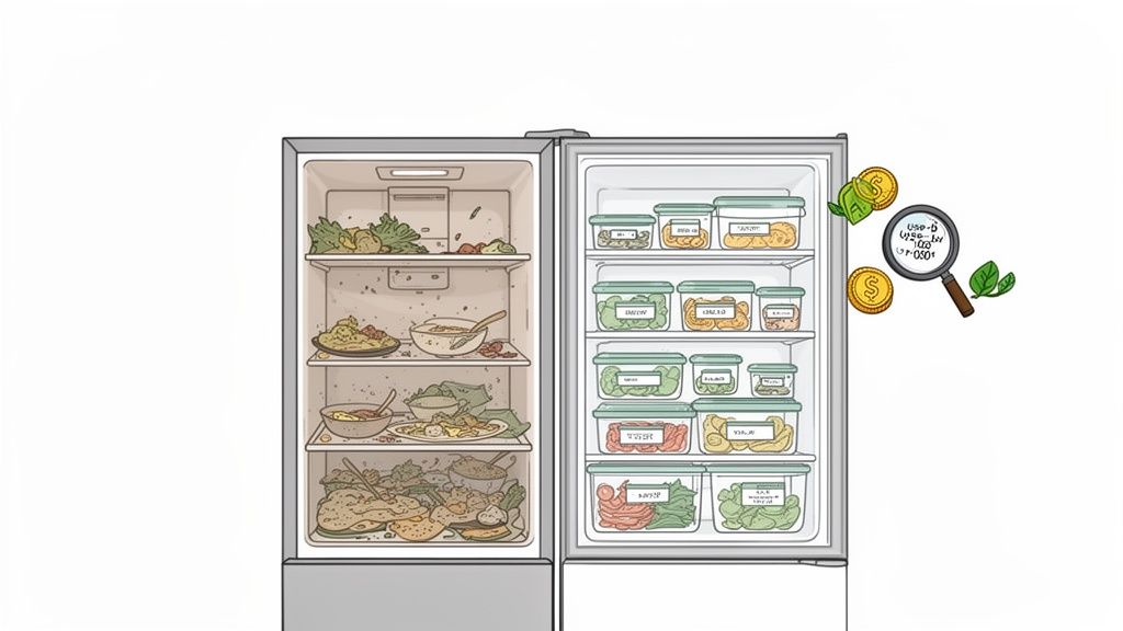 Illustration contrasting a messy, food-wasting refrigerator with an organized, cost-saving one.