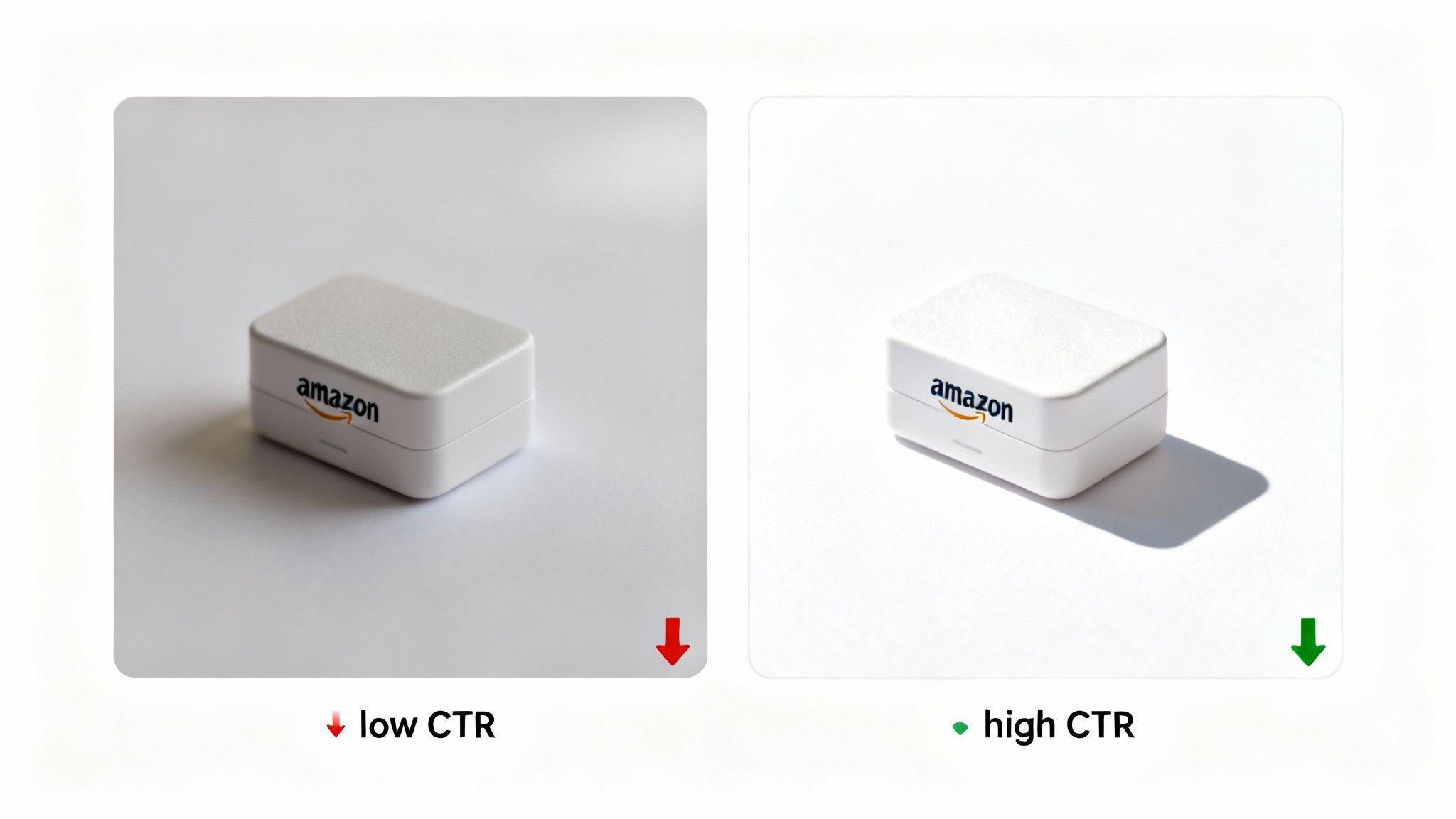 Two Amazon product images, one with low CTR (soft light) and one with high CTR (bright light).