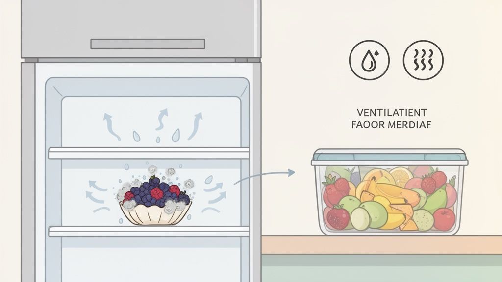 Refrigerator with berries and a fruit storage container featuring ventilation and moisture control icons.
