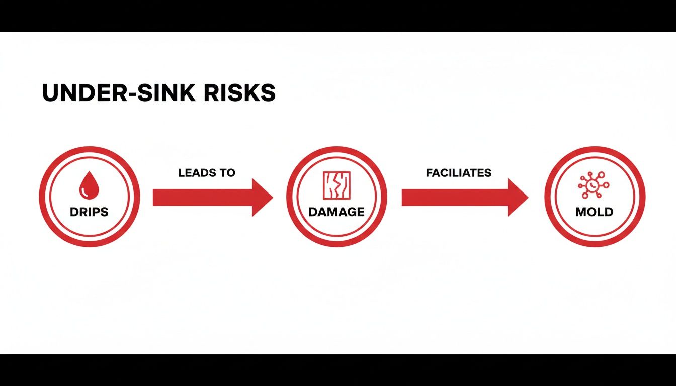 Infographic explaining under-sink risks: drips cause damage, which facilitates mold.
