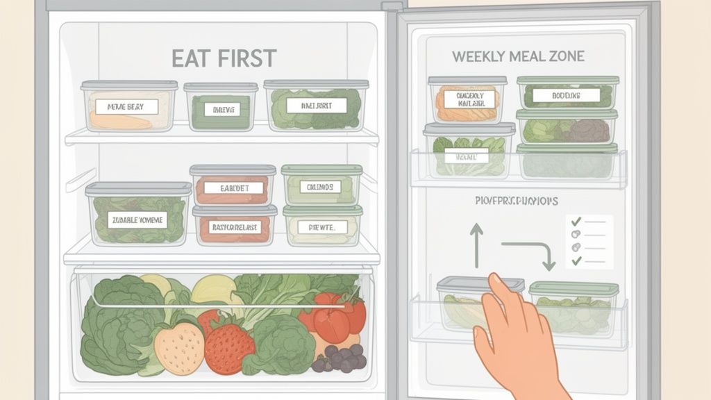 An organized refrigerator interior, showing various food prep containers for meal planning and fresh produce.