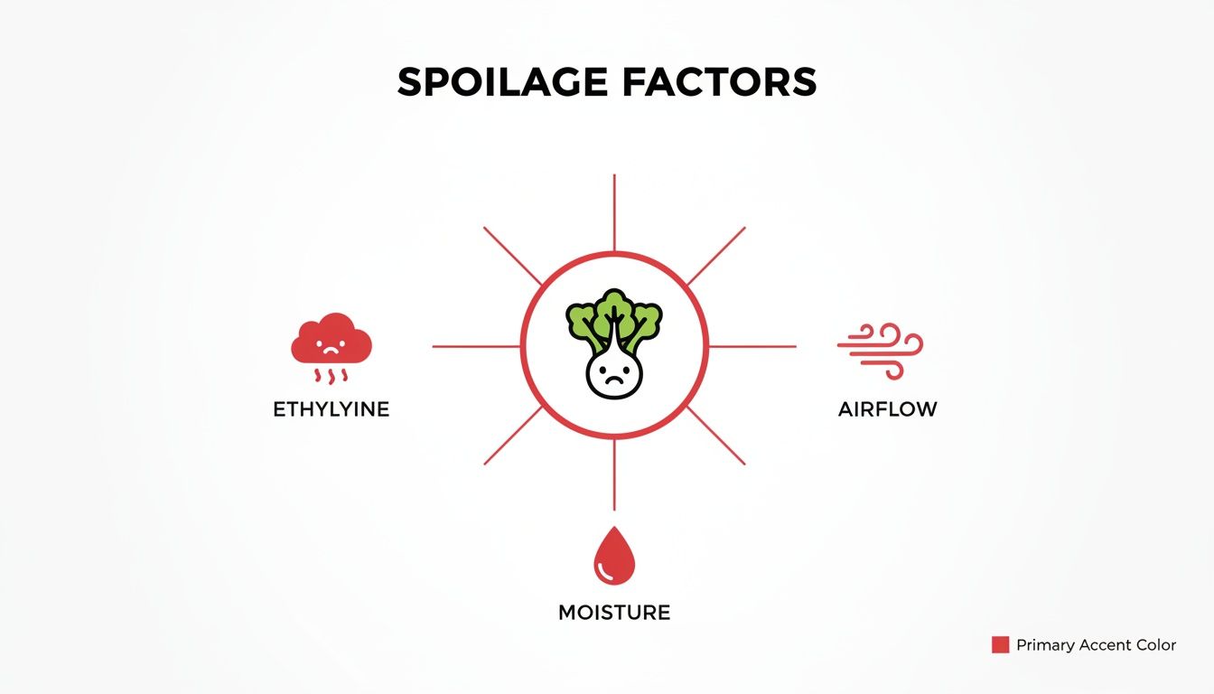 A diagram illustrating vegetable spoilage factors with a sad vegetable, ethylene, moisture, and airflow.