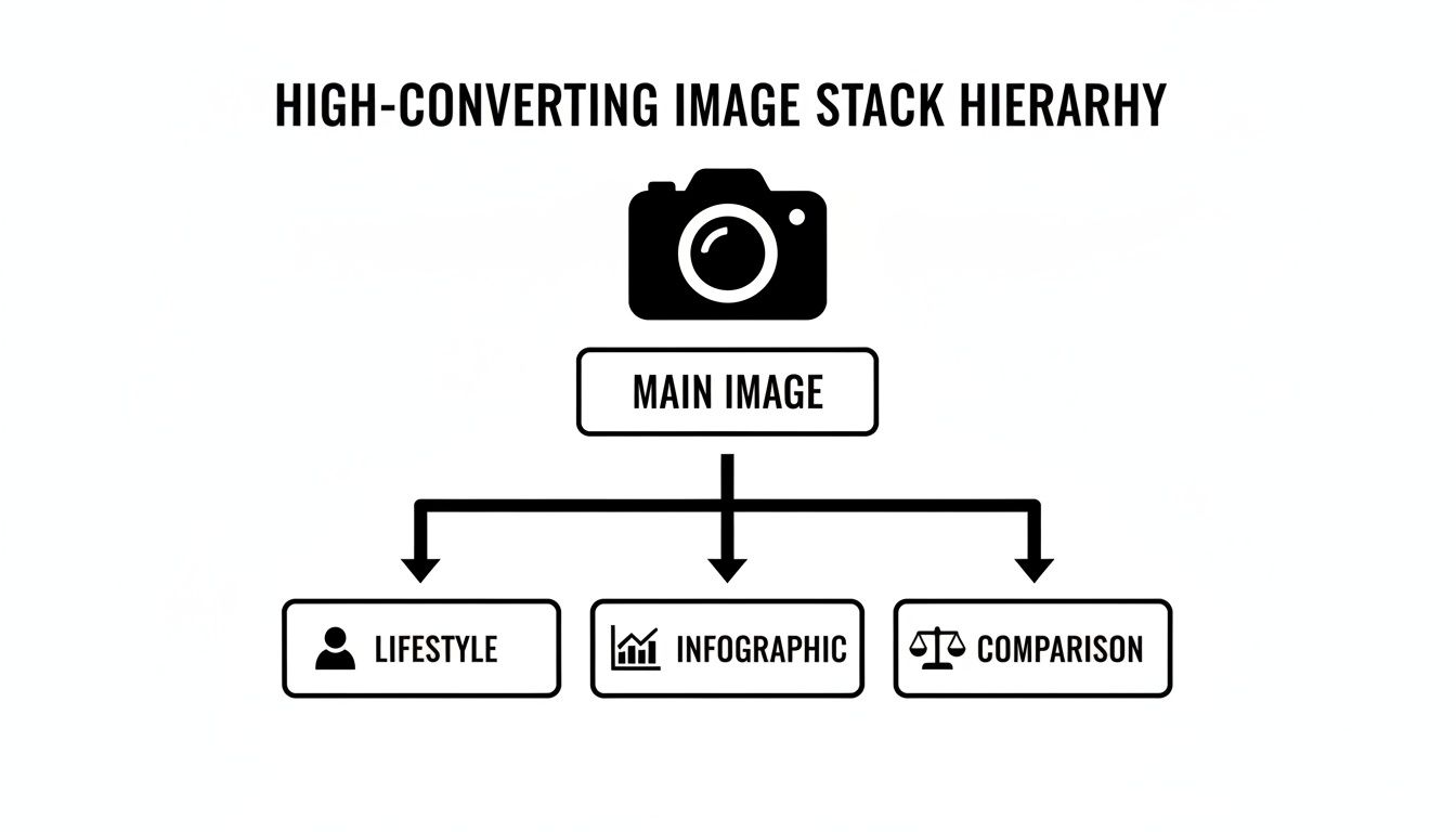 A hierarchy diagram illustrating a high-converting image stack for Amazon product photography, showing main, lifestyle, infographic, and comparison images.
