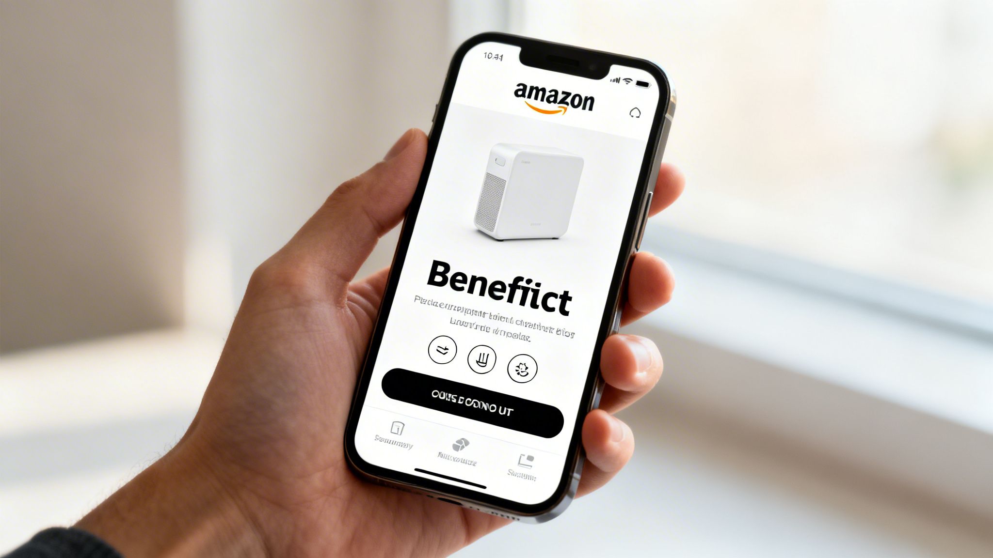 A hand holding an iPhone displaying an Amazon product listing for a white rectangular device.