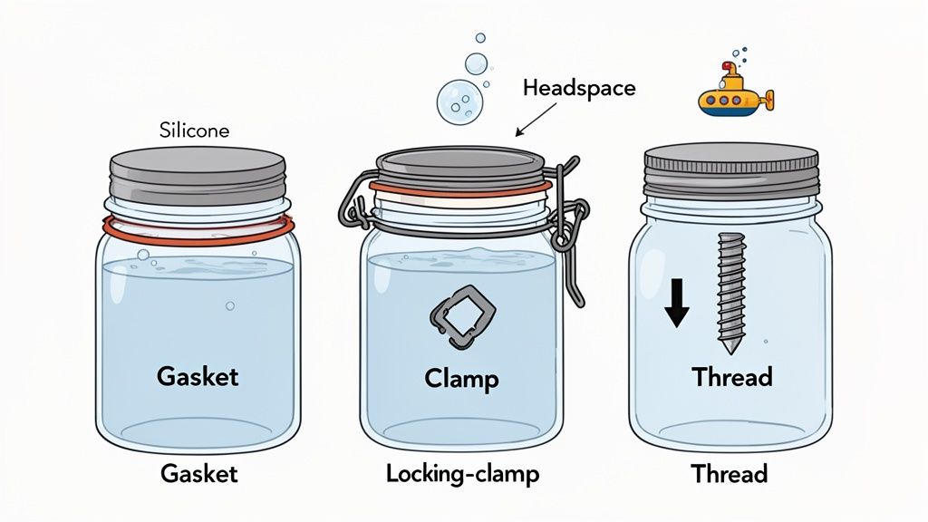 Illustration of three common food storage container types: gasket, locking-clamp, and thread seals, detailing their components.