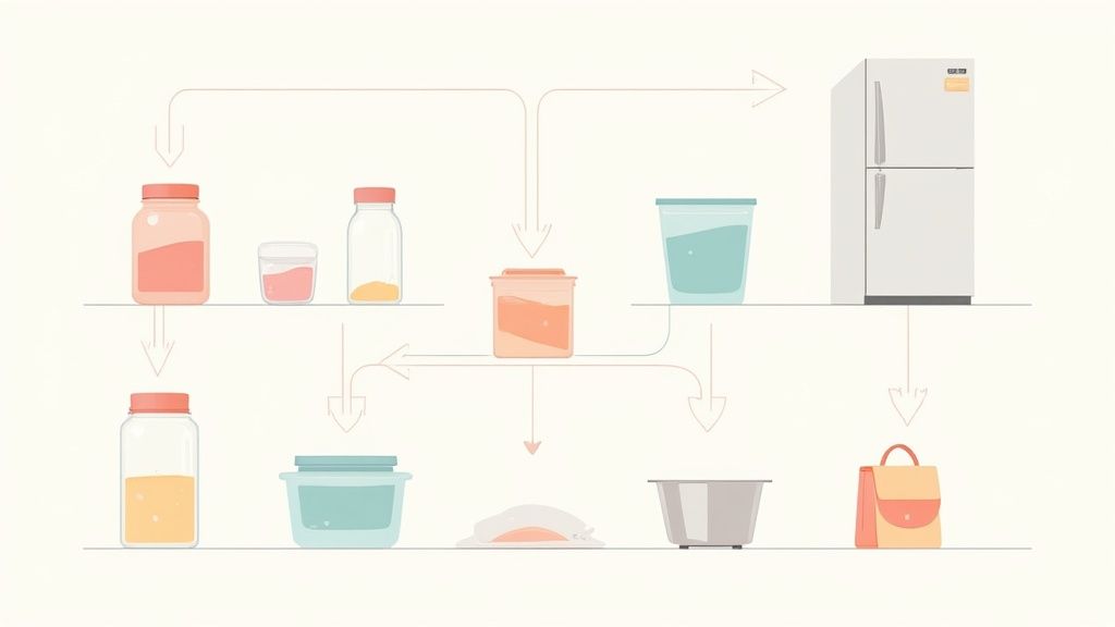 A diagram illustrating the process of meal preparation and food storage using various containers and a refrigerator.