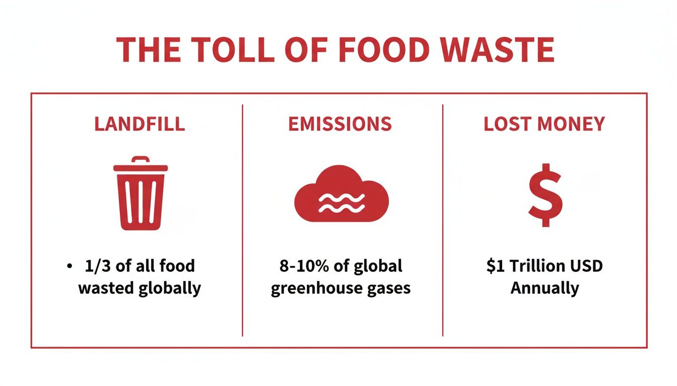 Infographic detailing the global toll of food waste: landfill, greenhouse gas emissions, and financial loss.
