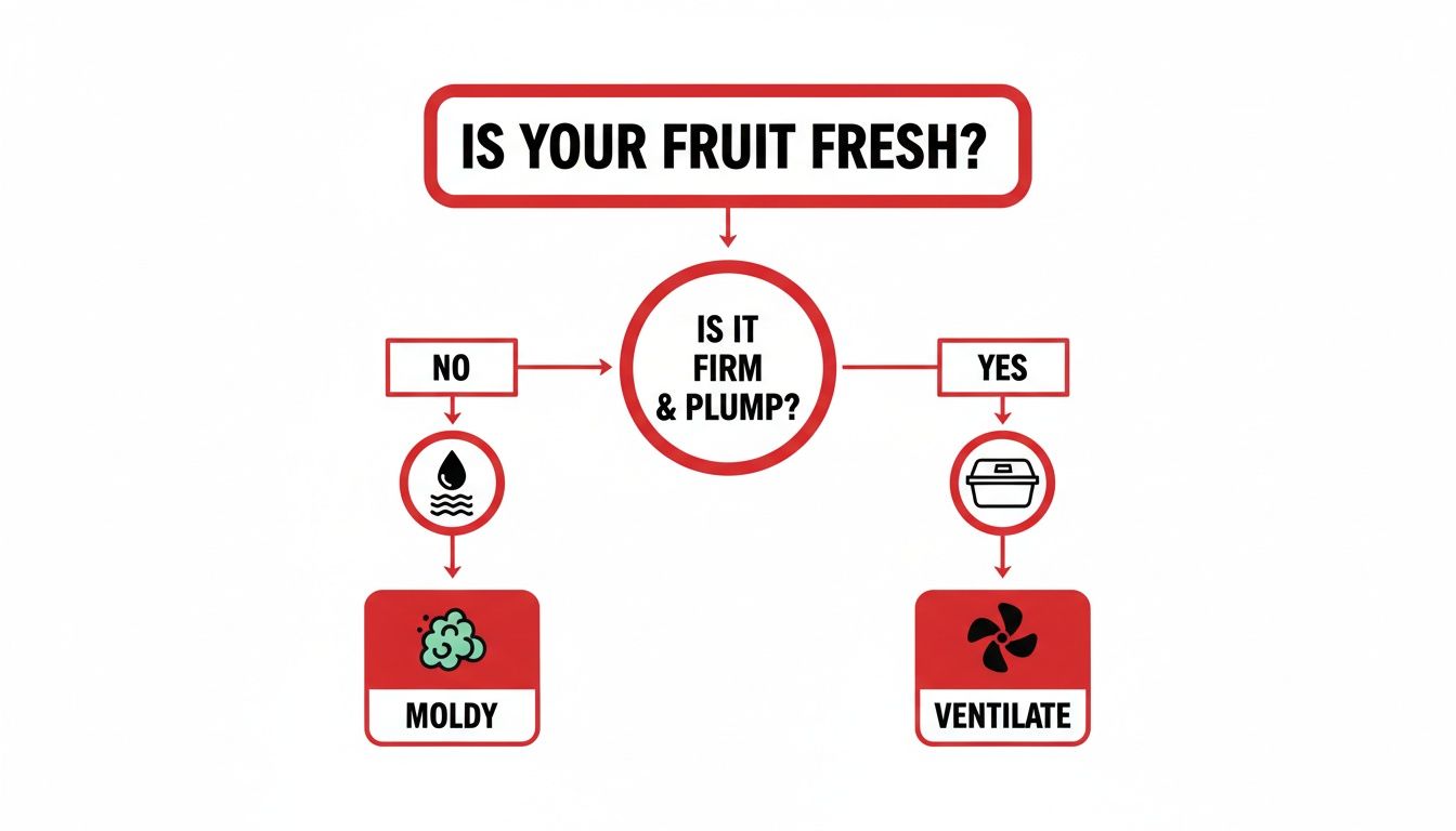A flowchart illustrating how to assess fruit freshness and proper storage methods.