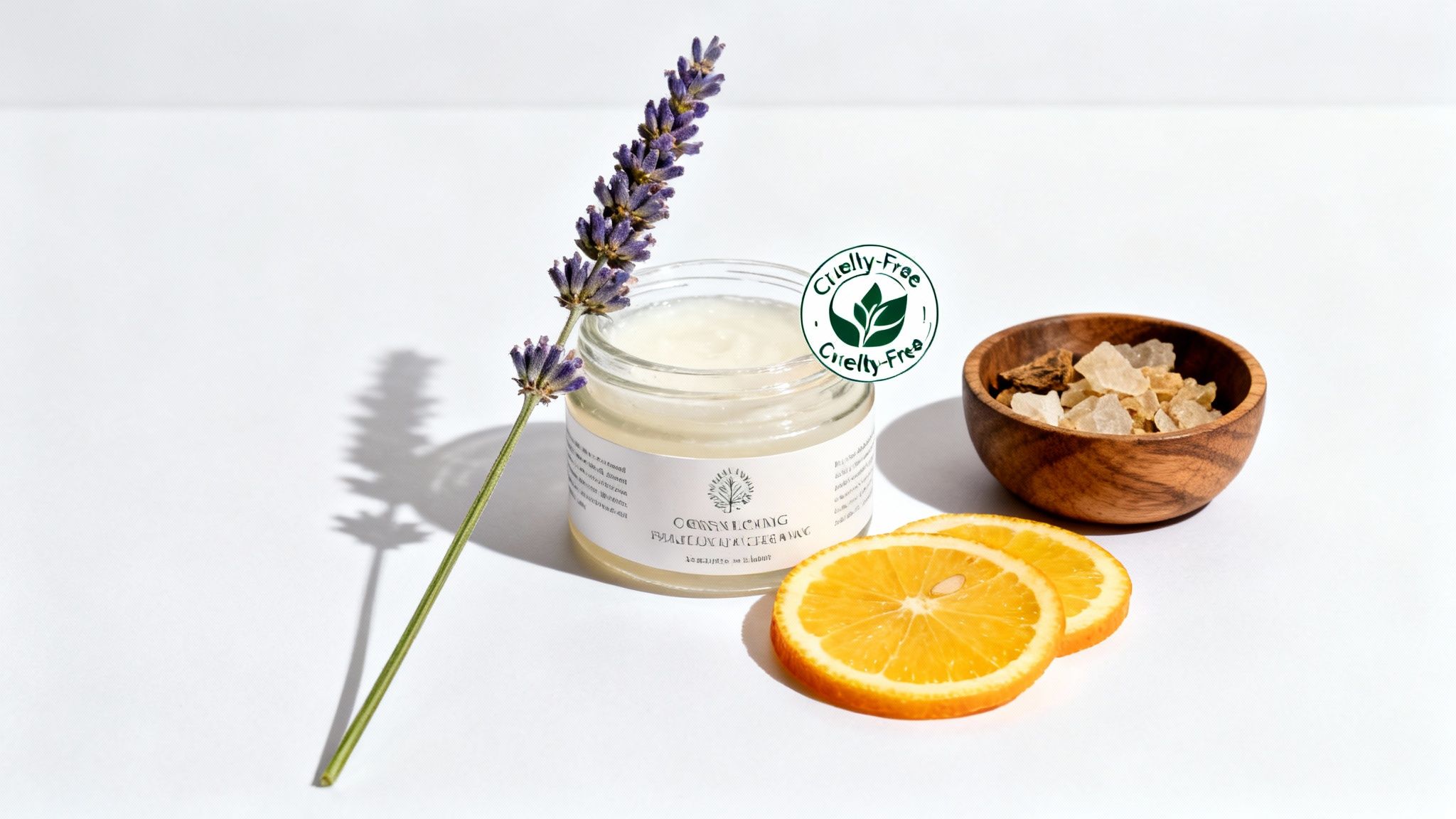 A clear jar of white cosmetic product with a lavender sprig, orange slices, and a cruelty-free label.