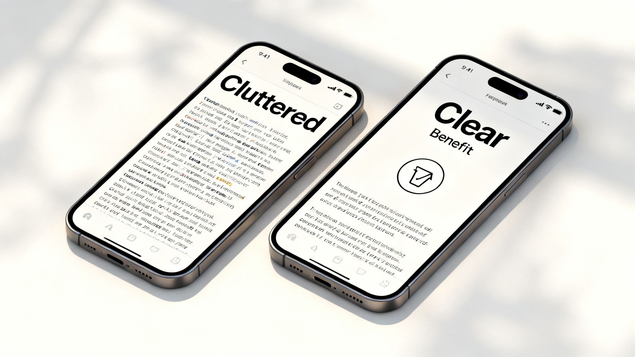 Two smartphones side-by-side, one showing a cluttered screen, the other a clear, minimalist display.