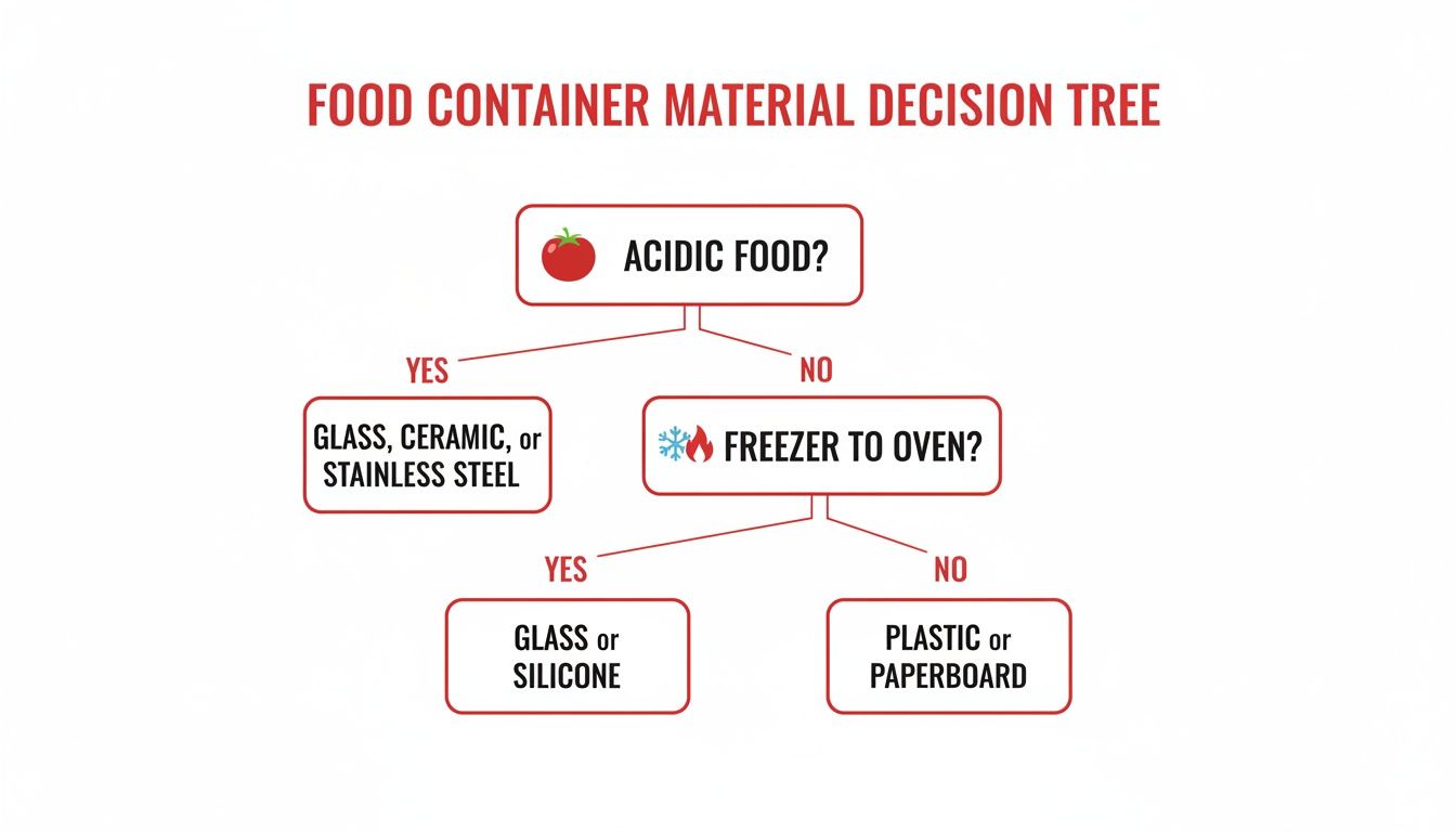 A decision tree flowchart guides users to choose the right food container material.