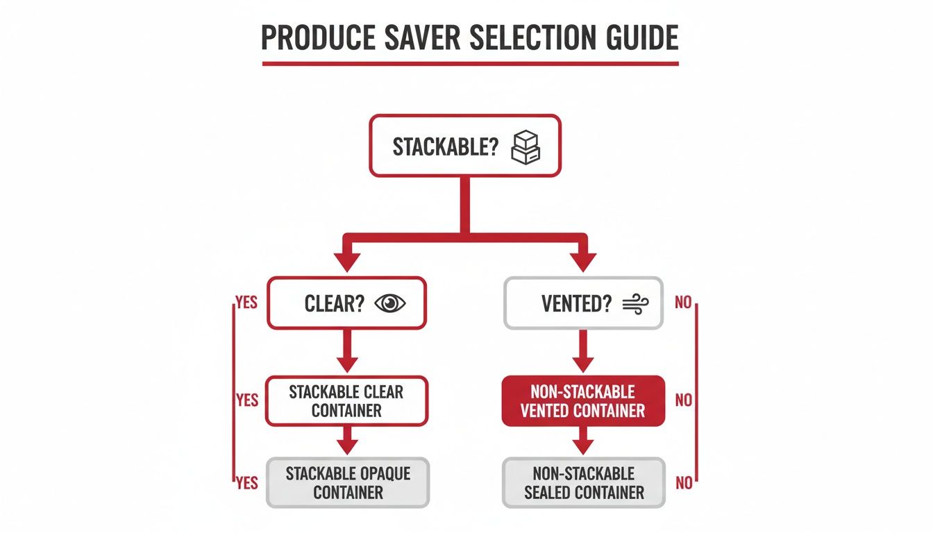 Flowchart guiding selection of produce saver containers based on stackability, clear visibility, and ventilation.