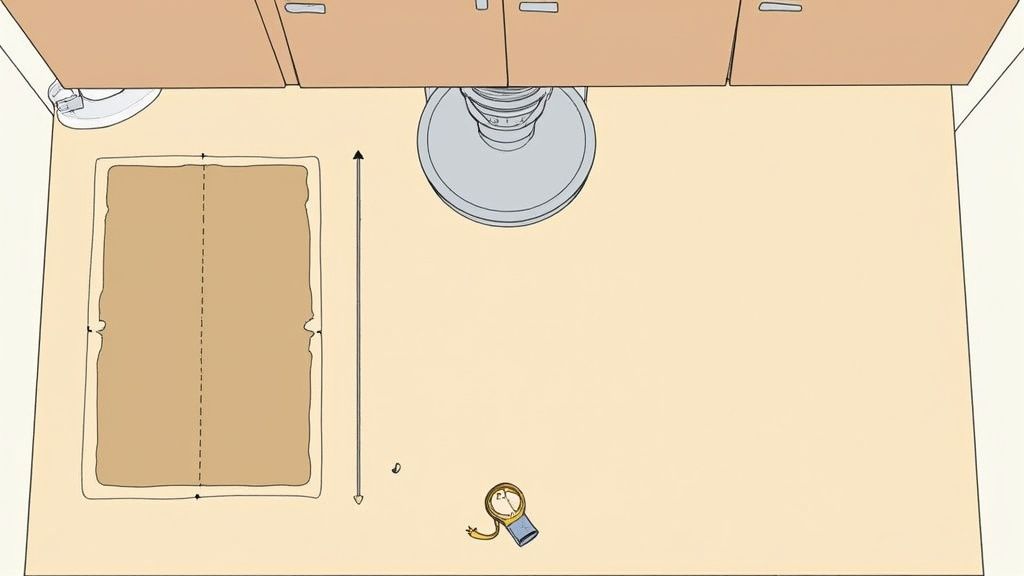 Top-down view of a rectangular mat with a measuring tape on a light-colored floor under cabinets.