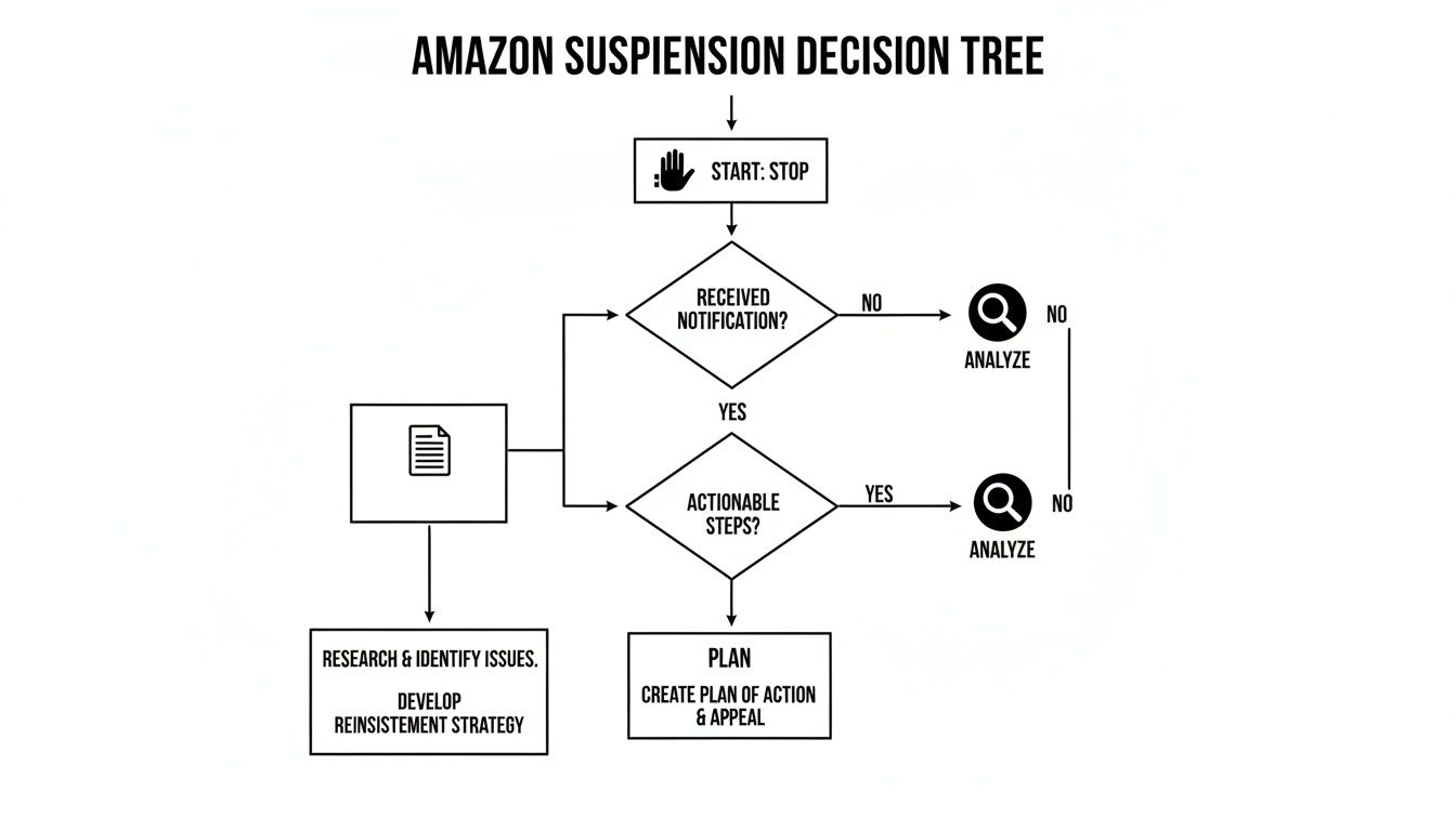 Amazon suspension decision tree flowchart detailing steps for notification, analysis, research, and appeal.