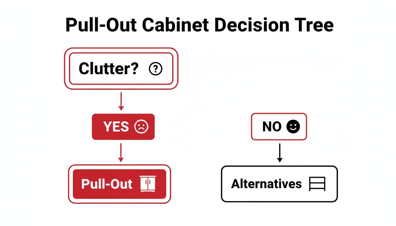 A pull-out cabinet decision tree flow chart asking about clutter and offering solutions.