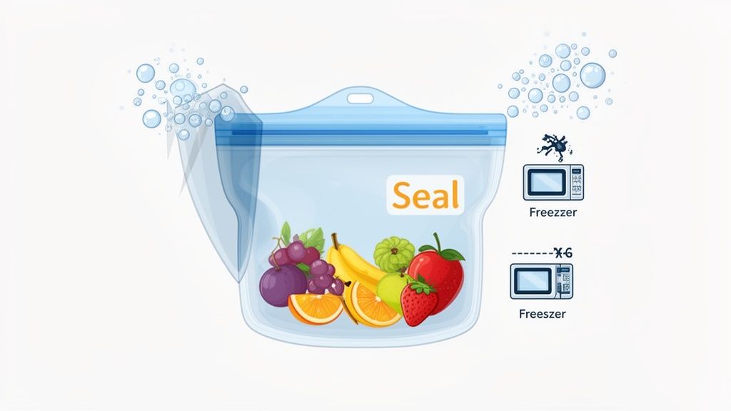 Reusable silicone food storage bag with fresh fruits, showing sealing and freezer/microwave compatibility.