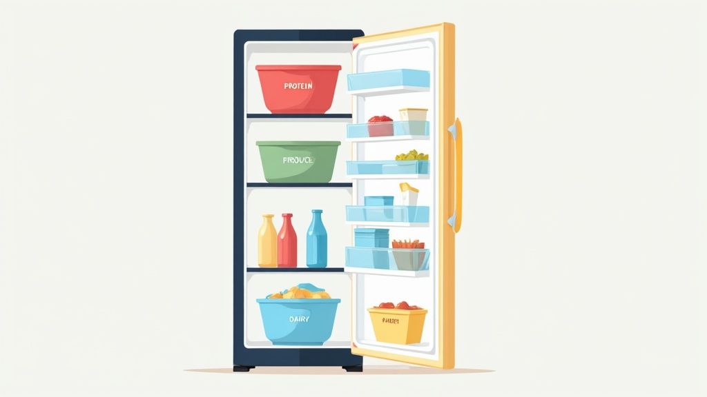 An open refrigerator filled with organized food containers labeled protein, produce, dairy, and fruit.