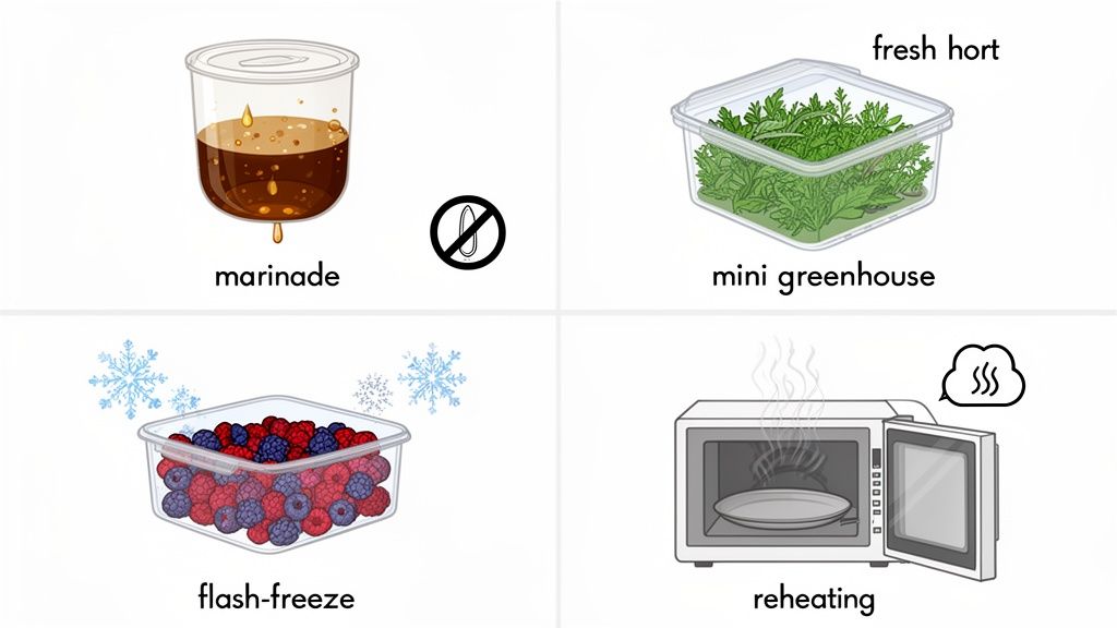 Four illustrations showing food marinade, fresh greens in a mini greenhouse, flash-frozen berries, and reheating food in a microwave.