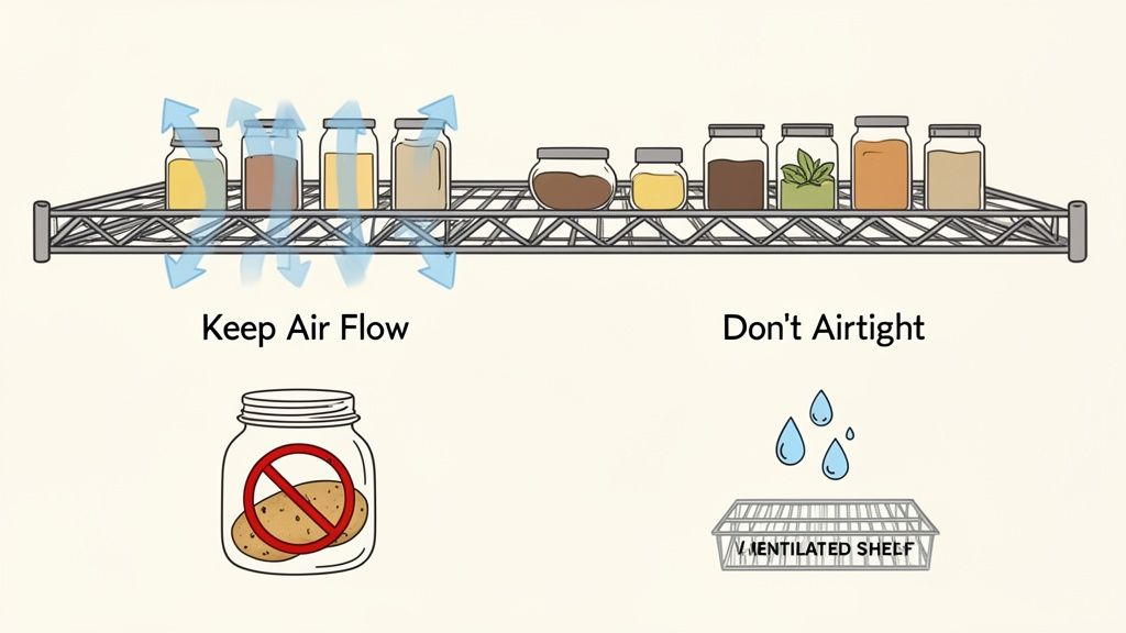 Diagram illustrating proper food storage on shelves, with a focus on ventilation and avoiding airtight containers.