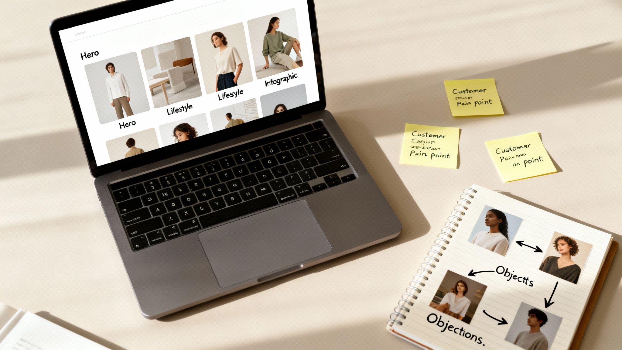 A person works on a laptop displaying website design categories, next to sticky notes about customer pain points and a notebook with visual objections.