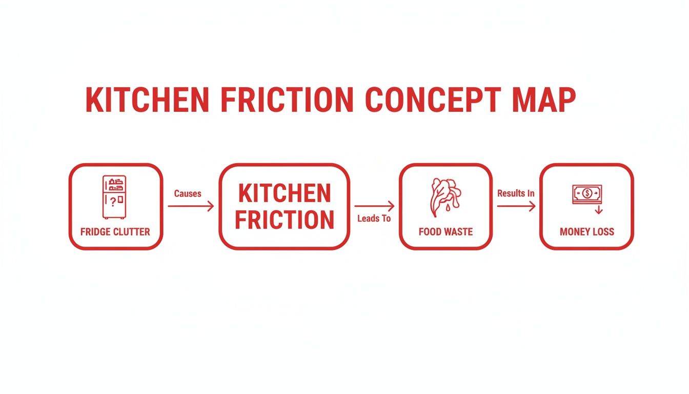 A concept map illustrates how fridge clutter causes kitchen friction, leading to food waste and money loss.