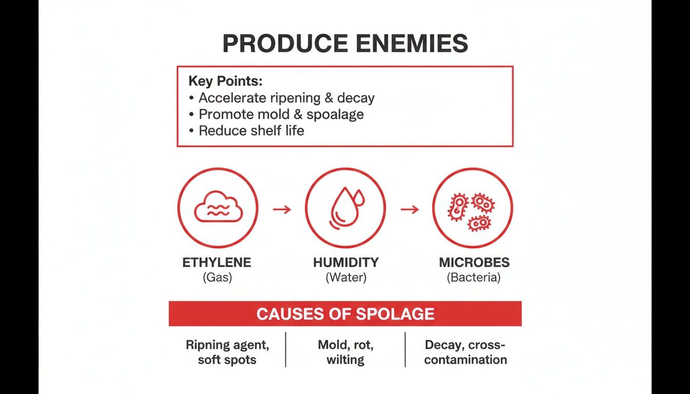Infographic detailing produce enemies: ethylene, humidity, and microbes, and their role in spoilage and reduced shelf life.