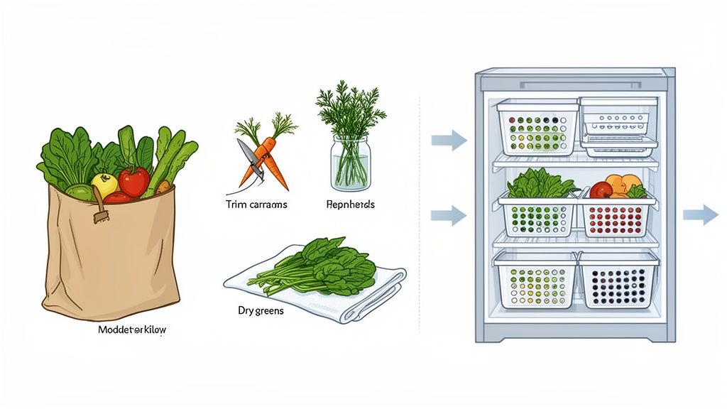 Illustration showing fresh groceries being prepared and organized into refrigerator produce drawers for optimal storage.