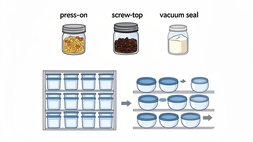 Illustration shows different food storage container types: press-on, screw-top, vacuum seal jars, and stackable nesting bowls.