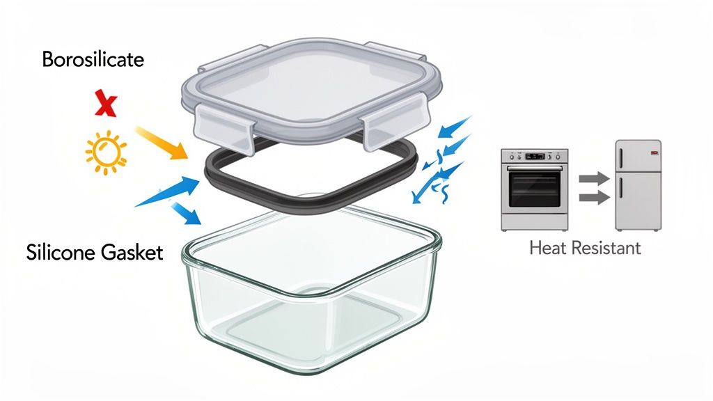 Exploded view of a heat-resistant borosilicate glass food container with silicone gasket and lid.