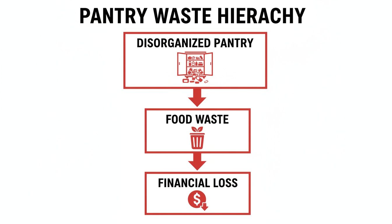 A red and white infographic illustrating the pantry waste hierarchy: disorganized pantry leads to food waste and financial loss.