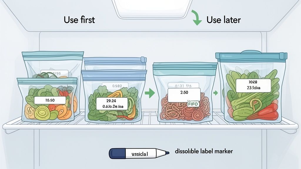 Refrigerator shelf with reusable food storage bags filled with various foods, labeled for first-in-first-out organization.
